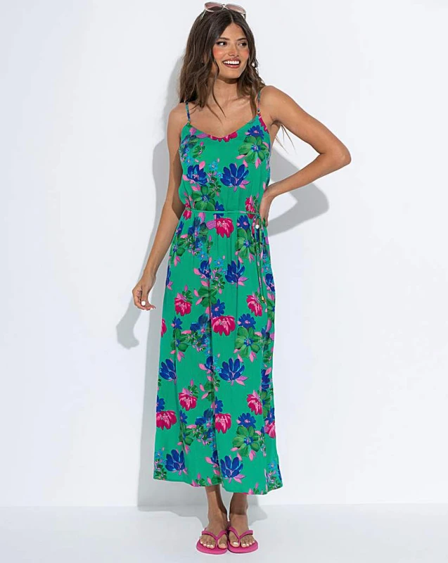 Image of Pour Moi? Melanie Sheer Belt Maxi Beach Dress Green Floral - Pour Moi? - Size: 12 Green Floral Female 12 XY82203