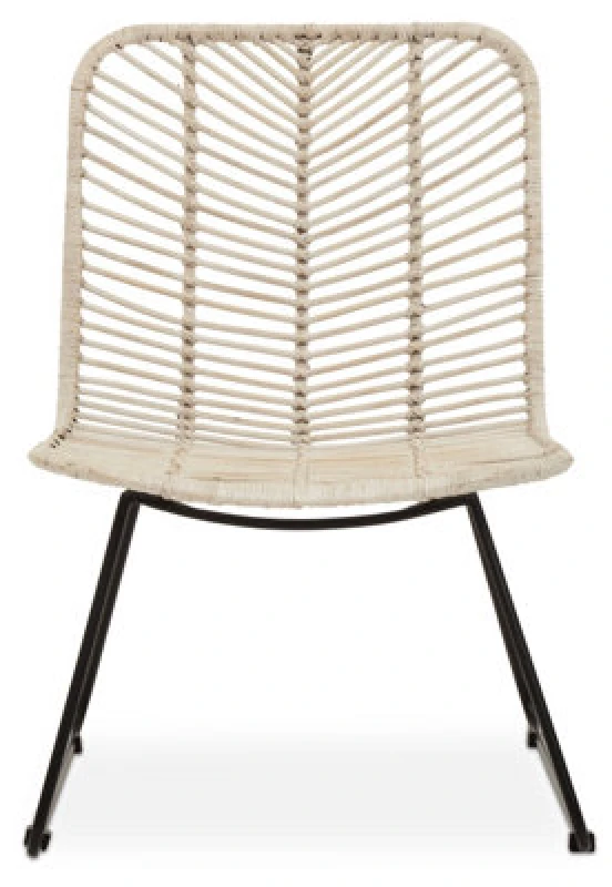 Image of Orsina White Rattan Chair With Black Metal Legs, Hand Woven Rattan Dining Chair, Outdoor Rattan Chair For Garden