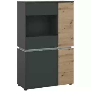 Image of Luci 4 door low display cabinet (including LED lighting) in Platinum and Oak - Artisan Oak /Cosmos Grey