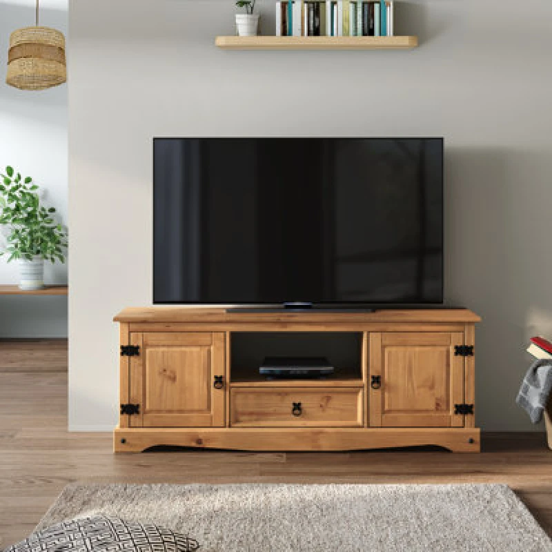 Image of Mercers Furniture Corona 2 Door 1 Drawer Widescreen TV Media Unit Solid Pine With Mexican Styling, Brown COR119