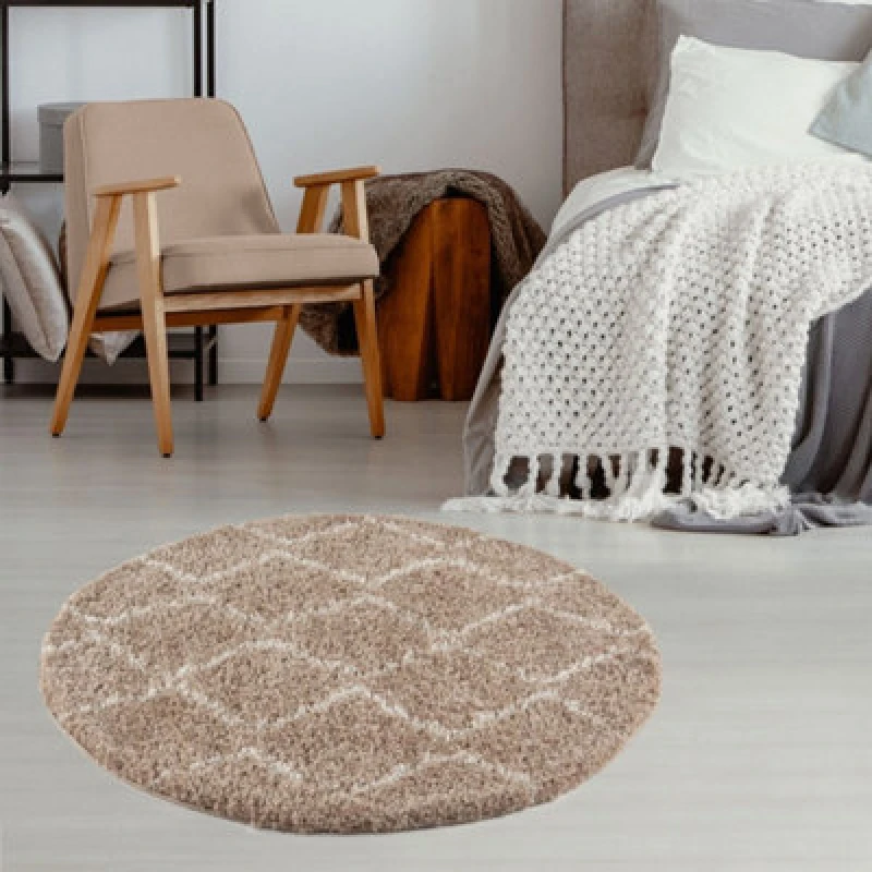 Image of THE RUGS Moroccan Soft Shaggy Rugs & Runners Beige & Ivory Living Room Size: 120cm diameter Beige Unisex 120cm diameter