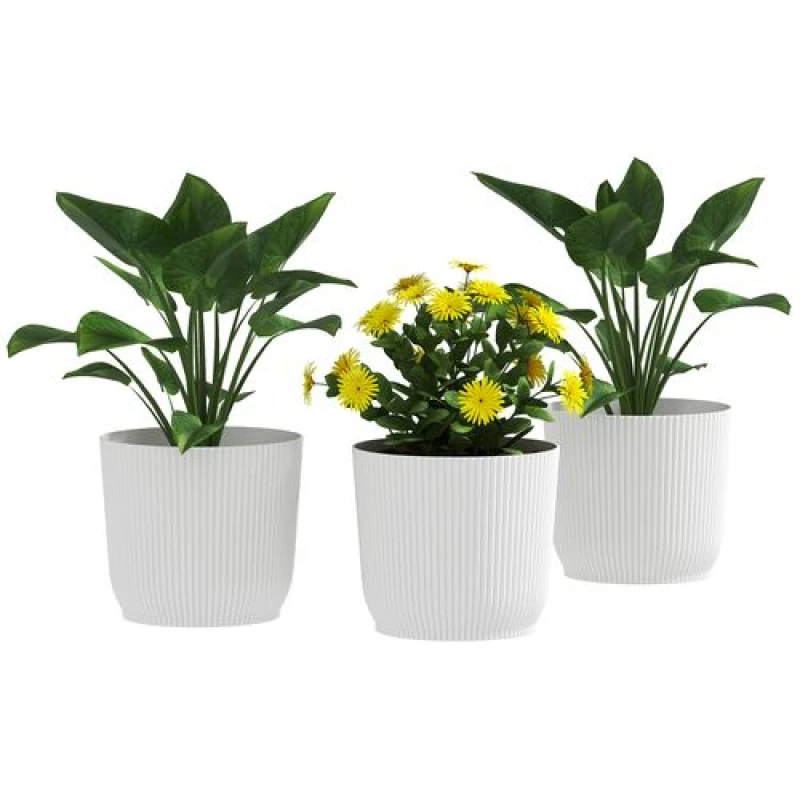 Image of Outsunny Set of 3 Round Plant Pots Outdoor 22cm for Garden, White Off White