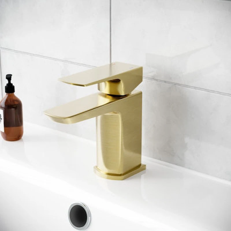 Image of Nes Home Modern Cloakroom Brushed Brass Square Basin Mono Mixer Tap