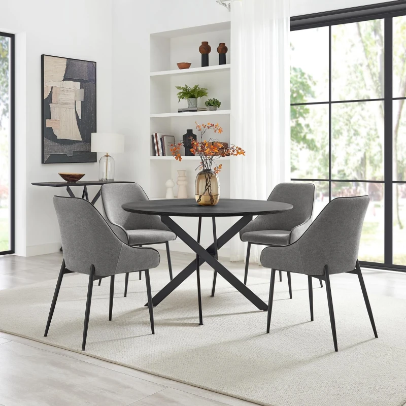 Image of FurnitureboxUK FurnitureboxUK Novara Black Top Dining Table & 6 Beaumont Fabric Chairs in Grey Grey One Size Unisex 5056784313244