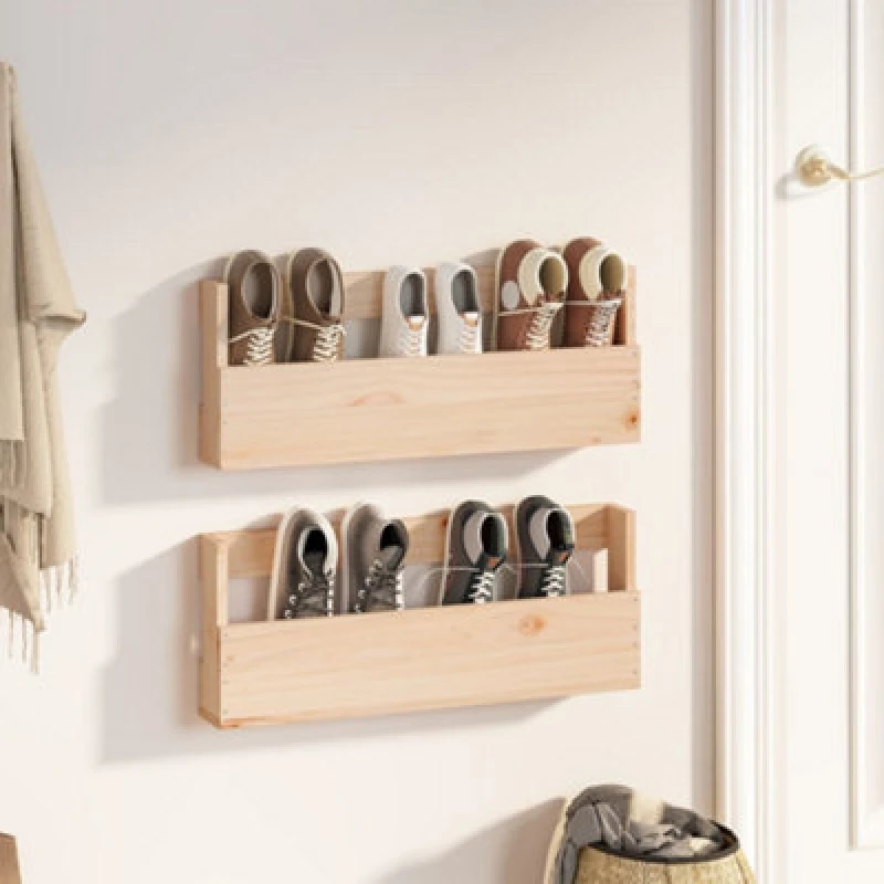 Image of Vidaxl Wall-Mounted Shoe Racks 2 Pcs 59X9X23cm Solid Wood Pine