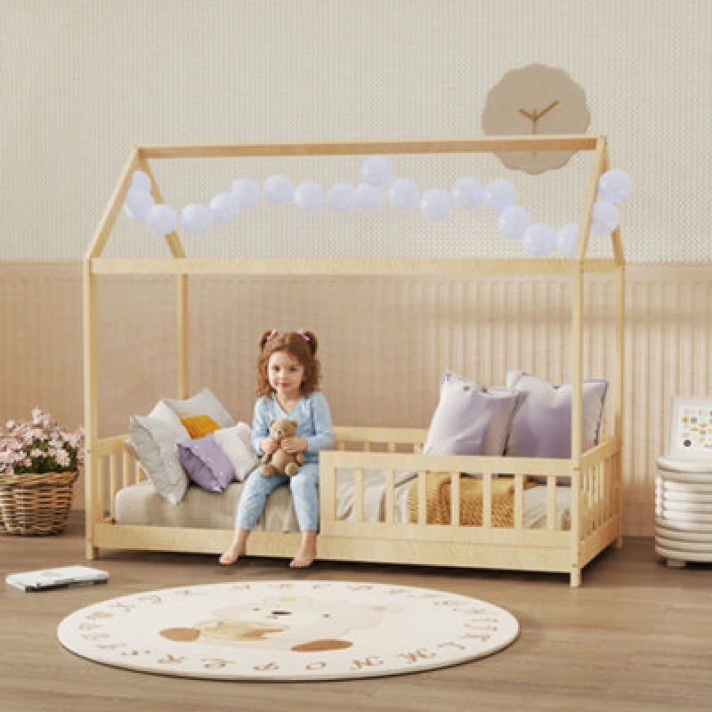 Image of Homcom House-Shaped Kids Bed Frame Solid Pine Wood With Guard Rails, Natural