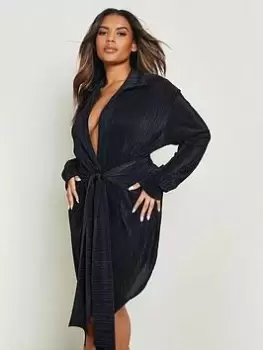 Image of Boohoo Plus Curve Plisse Wrap Shirt Dress - Black, Size 22, Women