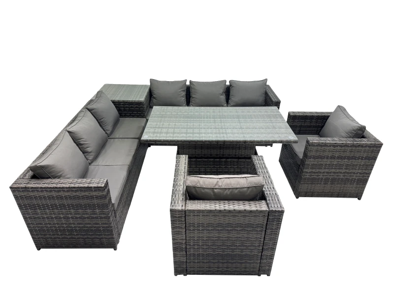 Image of Fimous 8 Seater Outdoor Garden Rattan Furniture Set with Side Table Dark Grey Dark Grey Unisex
