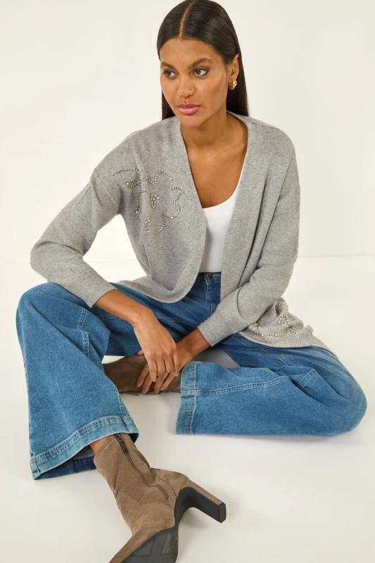 Image of Roman Womens Floral Embellished Knit Cardigan in Grey Size: 10 Grey Female 10