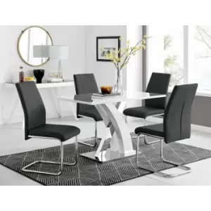 Image of Atlanta White High Gloss And Chrome Metal Rectangle Dining Table And 4 Black Lorenzo Dining Chairs Set - Black