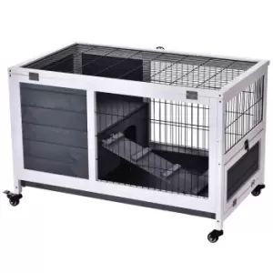 Image of Pawhut Wood Indoor Rabbit Hutch w/ Elevated 2-floor Guineas Pigs Cage & Wheels - Grey