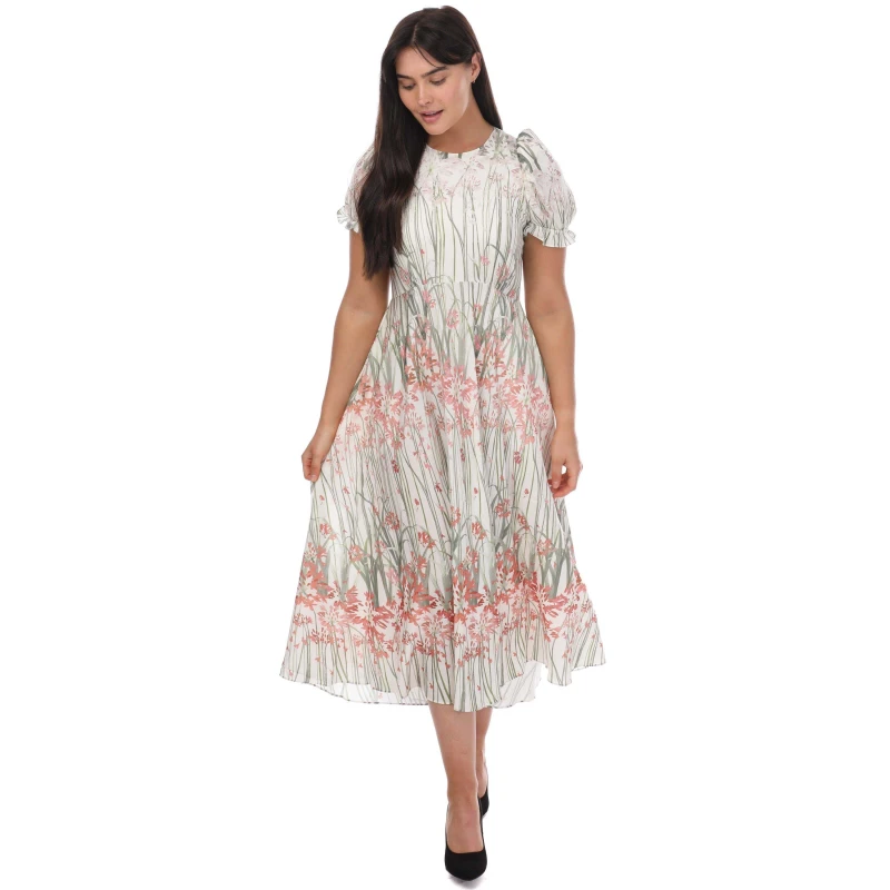Image of Ted Baker Zahrria Floral Midi Dress With Puff Sleeves - White White 10