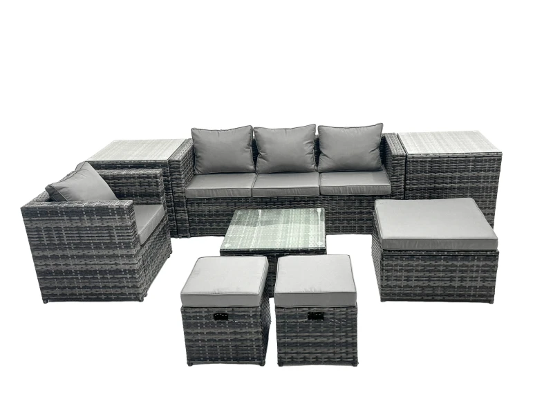 Image of Fimous 7 Seater Patio Lounge Sofa Set with 2 Side Tables 3 Footstools in Dark Grey Dark Grey Unisex