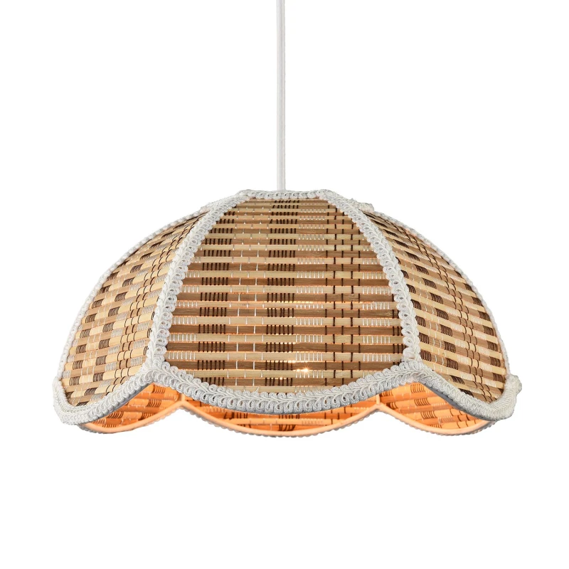 Image of Happy Homewares Vintage Victorian Rattan Pendant Shade with White Embroidered Trim in Brown Brown Unisex