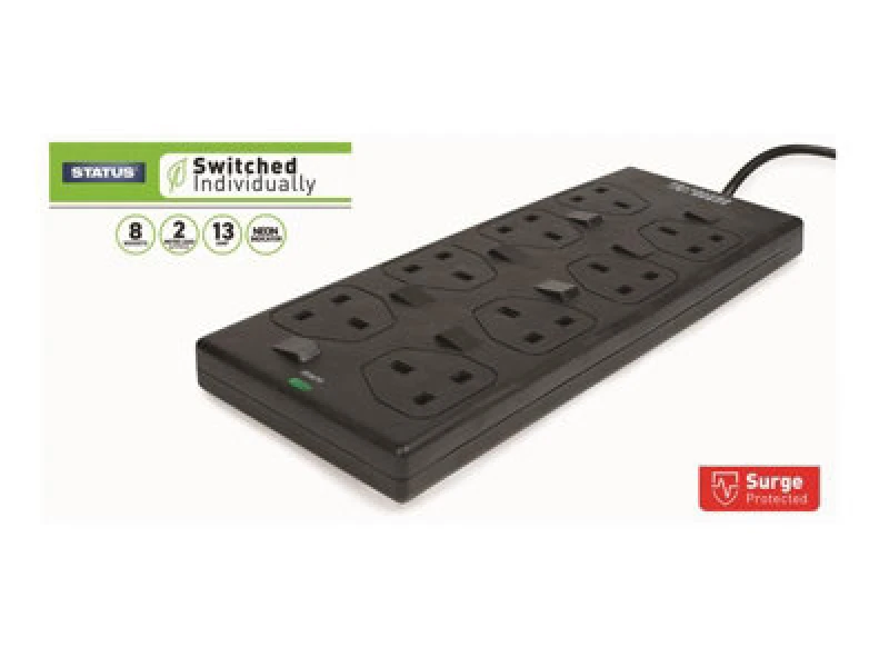 Image of Status S8Wbspindssx4 Individually Switched Extension Lead 240V 8-Gang 13A Black 2M Sin8Sm2Bss