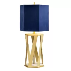 Image of Table Lamp Blue Shade with Gold Faux Silk Lining Brushed Brass LED E27 60W Bulb