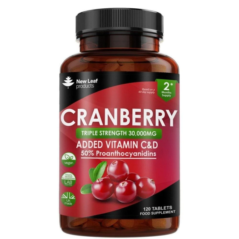 Image of New leaf health Cranberry Tablets Triple Strength 30,000mg - Enriched With Vitamin C&D 120 Tablets Red unisex