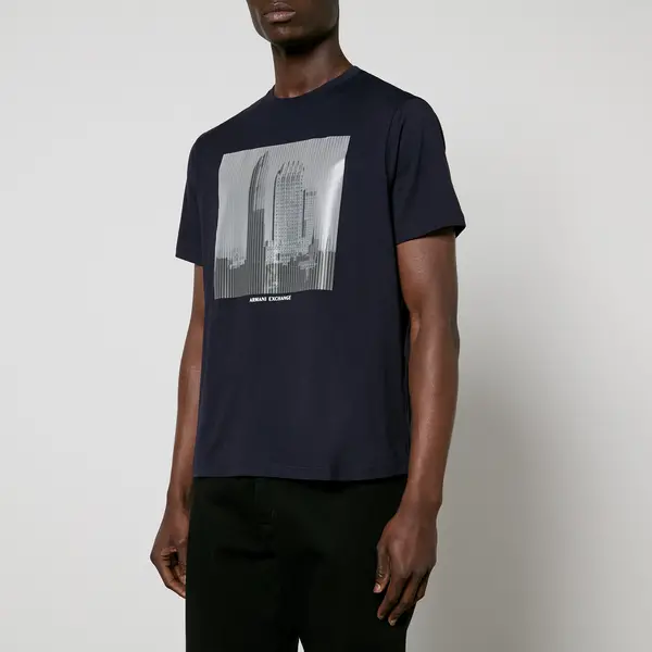 Image of Armani Exchange Skyscraper Cotton-Jersey T-Shirt - L Blue Tops male 3DZTHU-ZJH4Z-15CX L