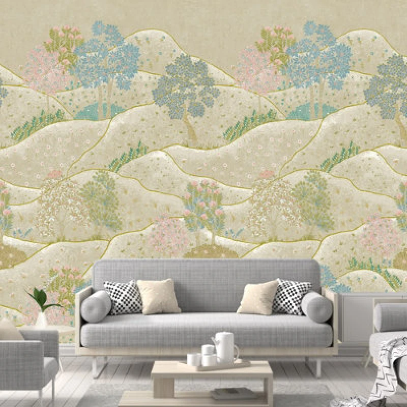Image of Grandeco Whimsy Neutral Landscape Scene 3 Panel Repeatable Wallpaper Mural, 1.59 X 2.8M, Sage Green