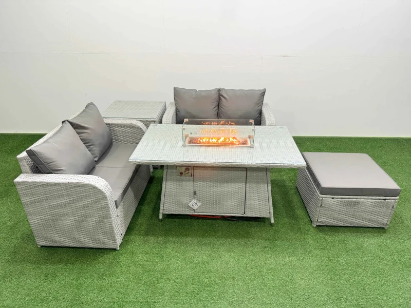 Image of Fimous 5 Seater Outdoor Love Sofa Set Rattan Garden Furniture Set with Firepit Dining Table Big Footstool Side Table Light Grey Light Grey