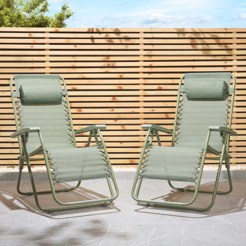 Image of Vonhaus Zero Gravity Chairs Set Of 2, Sage Green Reclining Sun Loungers For Garden, Textilene Folding Chairs, Removable Headrest