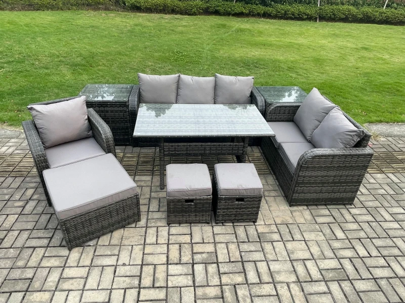 Image of Fimous 9 Piece Garden Rattan Furniture Dining Table Sofa Set Indoor Outdoor with Reclining Chairs 2 Side Tables 3 Footstools Dark Grey Mixed Dark Grey