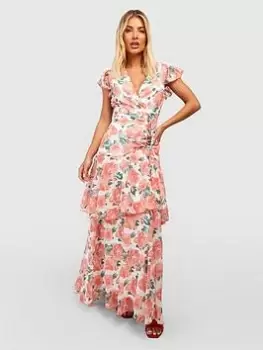 Image of Boohoo Floral Chiffon Ruffle Maxi Dress - Coral, Orange, Size 8, Women