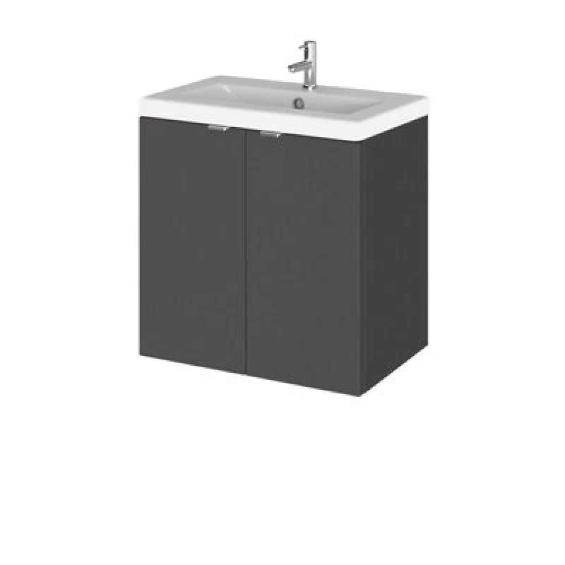 Image of Hudson Reed Fusion Wall Hung 2 Door Vanity Unit & Ceramic Basin, Stylish Sink Vanity Unit, Gloss Grey, 500mm