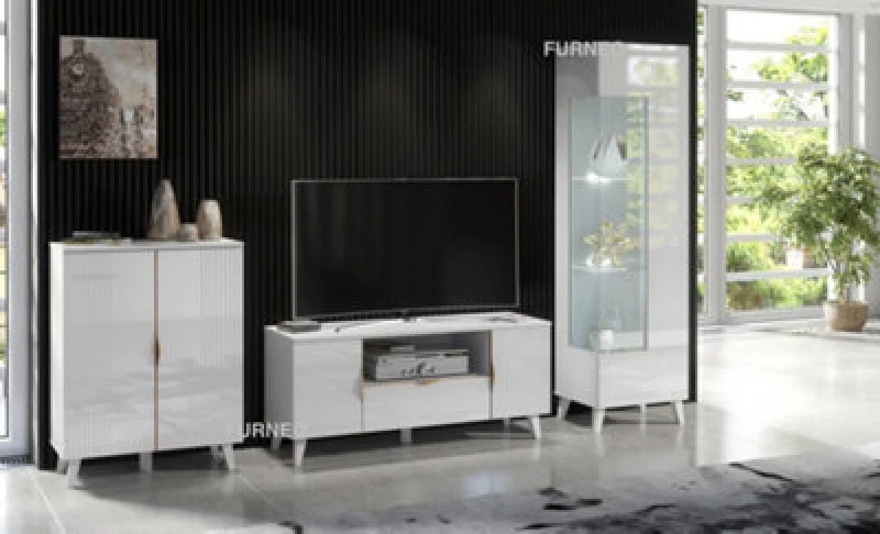 Image of Furneo High Gloss & Matt White Living Room Set TV Stand Display Cabinet Sideboard Azzurro 8/12/14 White LED Lights