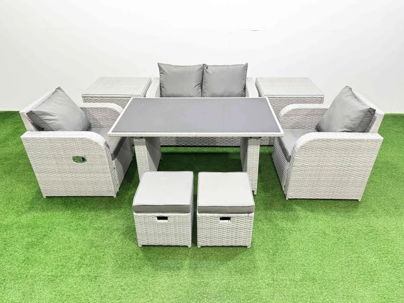 Image of Fimous Outdoor Rattan Garden Furniture Dining Set 6-seater with 2 Side Tables in Light Grey Light Grey Unisex