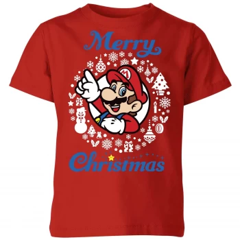 Image of Nintendo Super Mario Merry Christmas Kid's T-Shirt - Red - 5-6 Years