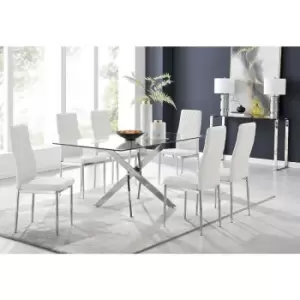 Image of Furniturebox UK - Furniturebox Leonardo 150cm Modern Glass And Chrome Metal Leg Dining Table And 6 White Milan Faux Leather Silver Chrome Leg Dining