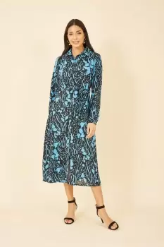 Image of Blue Animal Print Long Sleeve Midi Shirt Dress