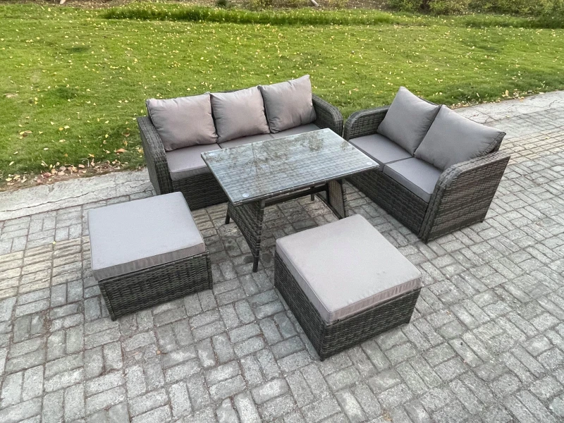 Image of Fimous High Back PE Rattan Sofa Set Outdoor Garden Furniture Dining Table Set Love Sofa 3 Seater Sofa 2 Big Footstool Dark Grey