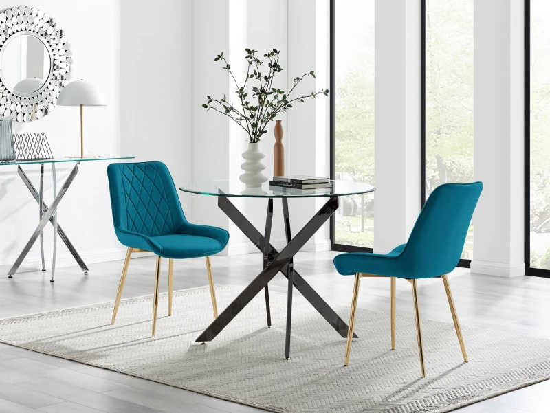 Image of FurnitureboxUK FurnitureboxUK Novara 100cm Round Black Leg Dining Table & 2 Pesaro Gold Leg Chairs in Blue Blue One Size Unisex 5056784304495