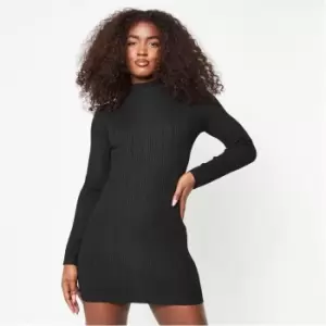 Image of Missguided Recycled Petite High Neck Rib Knit Mini Dress - Black