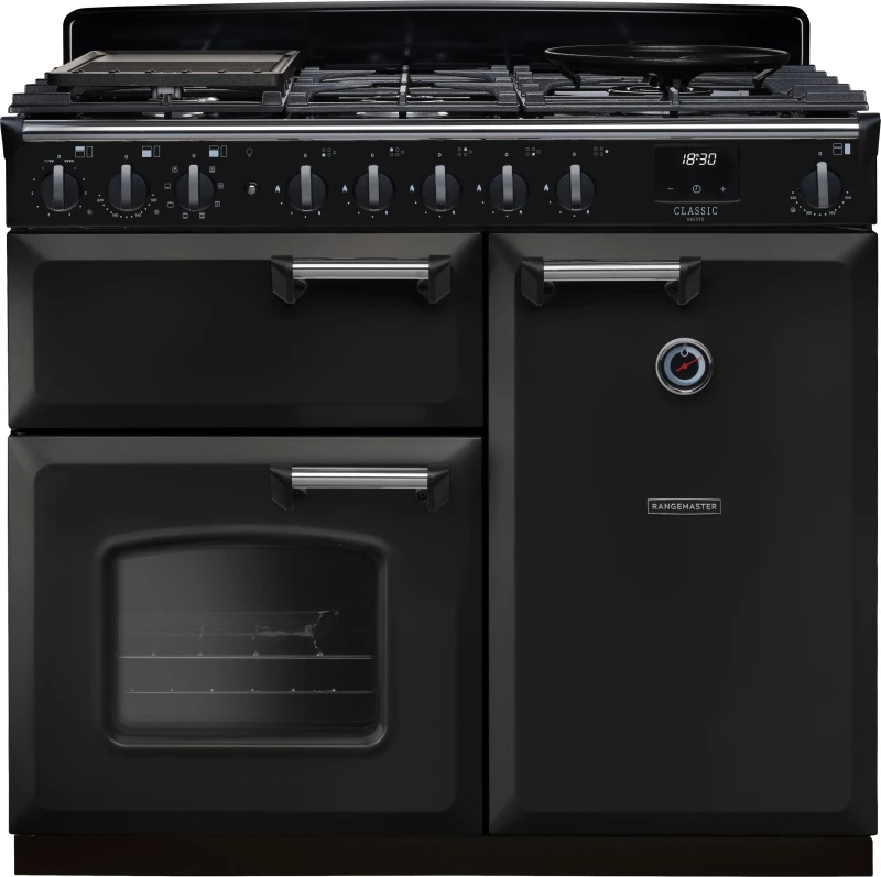 Image of Rangemaster Classic Deluxe 100 Dual Fuel CLDL100DFPCBL/CM1 100cm wide Dual Fuel Range Cooker with Gas Hob - Charcoal Black / Chrome - A/A Rated
