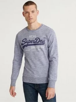 Image of Superdry Vintage Label Premium Goods Crew Sweatshirt - Blue, Size S, Men