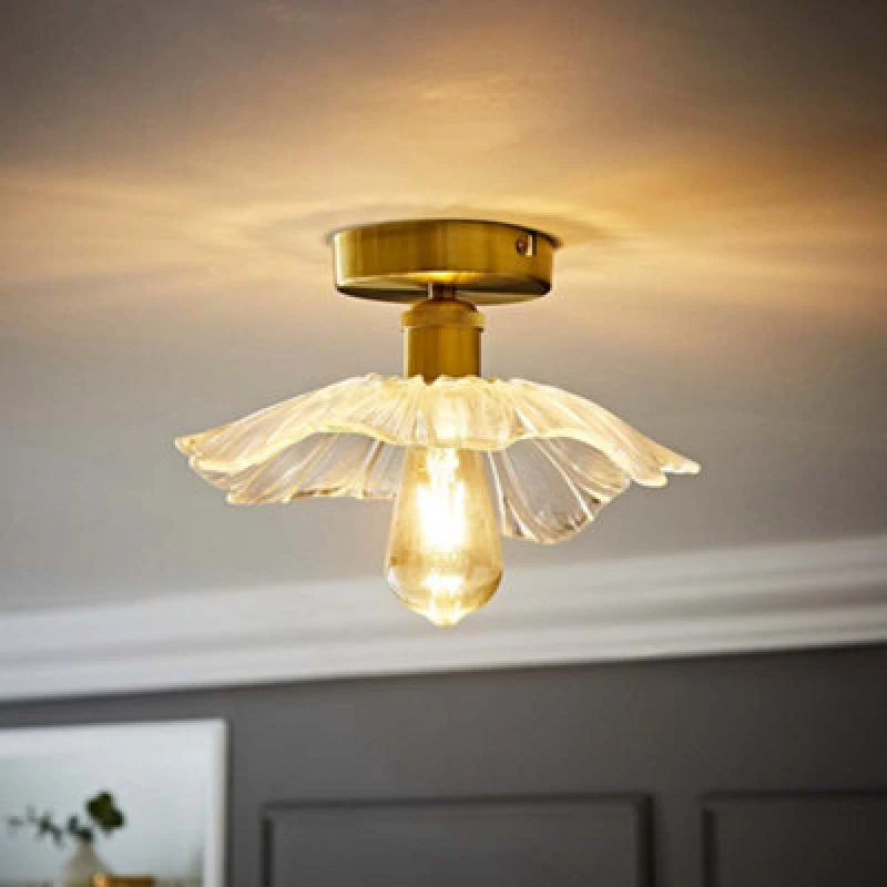 Image of ValueLights Cassia Clear Glass Flower Detail Gold Flush Ceiling Light Gold