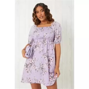 Image of I Saw It First Lilac Woven Floral Print Shirred Bust Longline Mini Dress - Purple