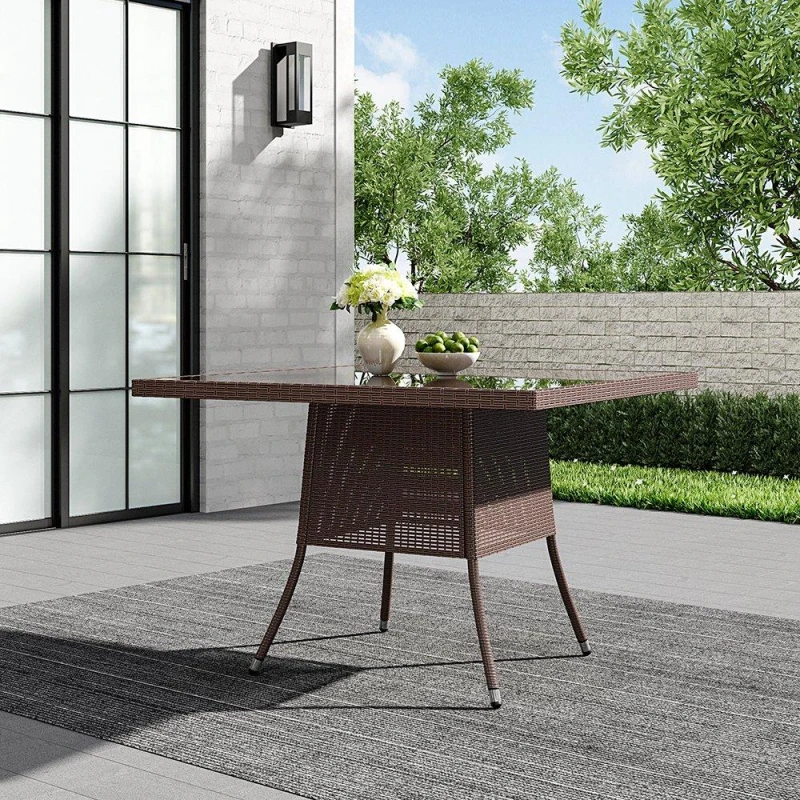 Image of Breeins 105cm Square Wicker Glass Table with Parasol Hole Brown unisex One size