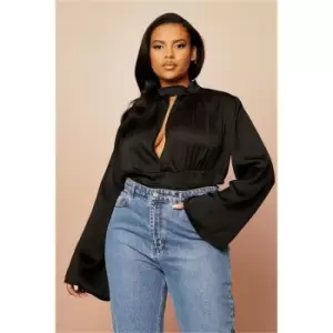 Image of I Saw It First Black Plus Size Hammered Satin Key Hole Peplum Top - Black