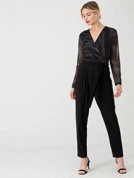 Image of Wallis Sparkle Mesh Sleeve Jumpsuit - Black, Size 18, Women