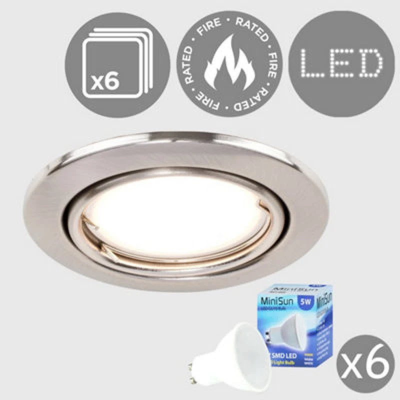 Image of ValueLights Downlight Tiltable Fire Rated Ceiling Light Fitting 6 Pack With Warm White Bulbs Silver