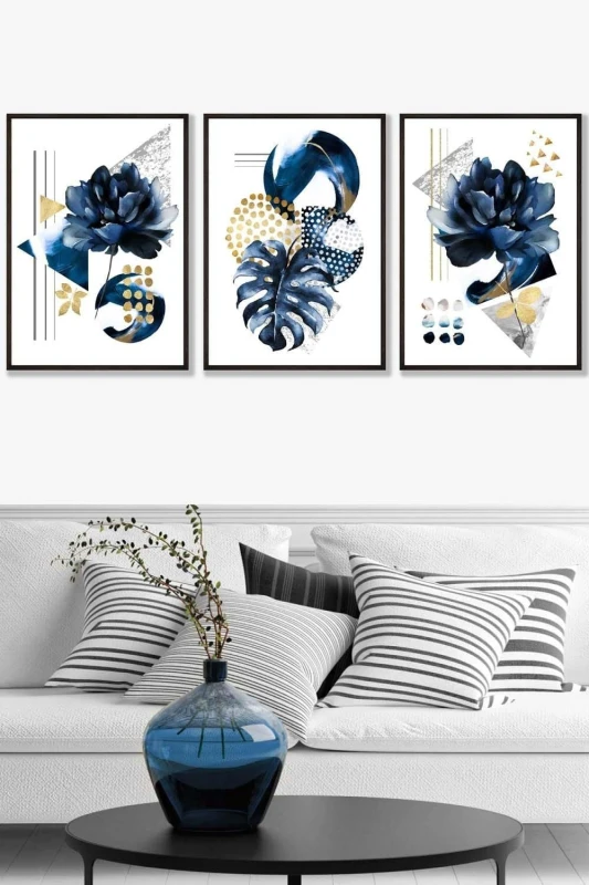 Image of ARTZE Set of 3 Black Framed Abstract Blue & Gold Botanical Wall Art in Navy Size: W45cm x H62cm x D20mm Navy Unisex W45cm x H62cm x D20mm