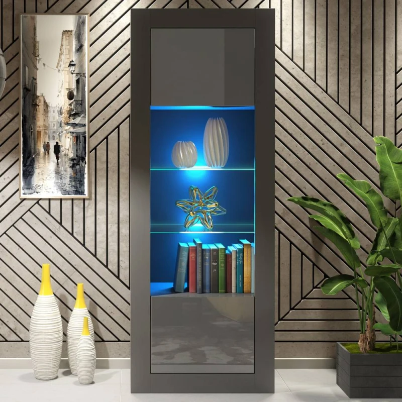 Image of Creative Furniture Illume Display Cabinet 170cm - Dark Grey with Gloss Doors, LED Lights Dark Grey Unisex