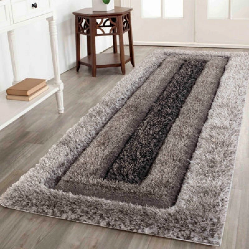 Image of Modern Soft Bordered Shimmer Shaggy Area Rugs Grey 60X220 Cm