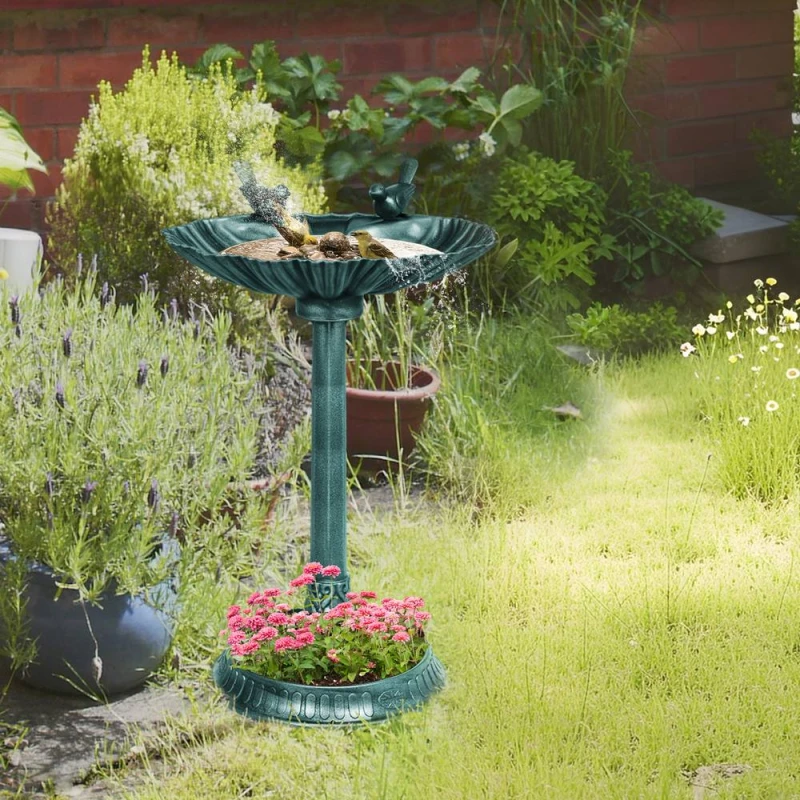 Image of OUTSUNNY 81cm Tall Bird Bath with 2 Decorative Birds for Garden, Green Green Unisex