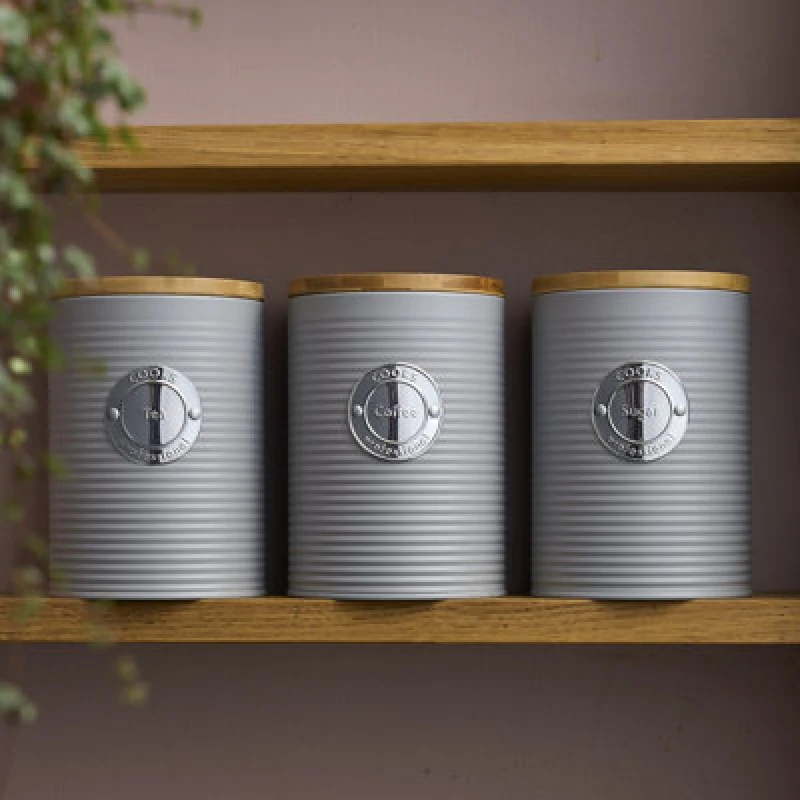 Image of Cooks Professional 3 Piece Tea, Coffee & Sugar Ribbed Canister Set With Bamboo Lids - Kitchen Storage Bins - Grey & Silver