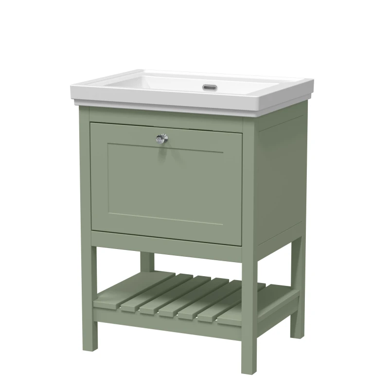 Image of Balterley Floor Standing 1 Drawer Vanity 0 Tap Hole Fireclay Basin Green 600mm Green